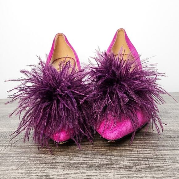 Sam Edelman Haide Feather Suede Leather Pom Pom Stiletto Pumps Heels Size 6 Glam - Picture 4 of 7